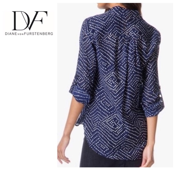 DIANE VON FURSTENBERG PRINTED SILK BUTTON DOWN SHIRT SIZE 2 - Picture 2 of 16